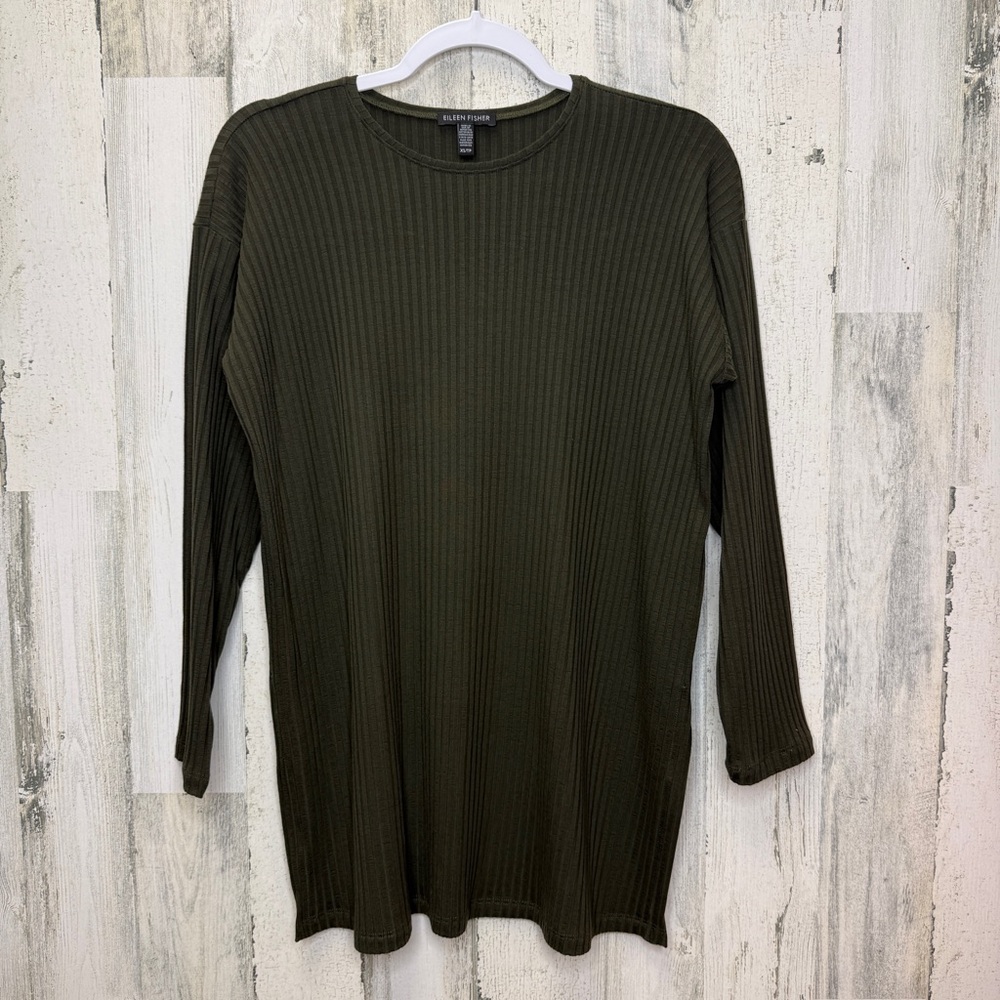 Eileen Fisher Olive Ribbed Crew Neck Top